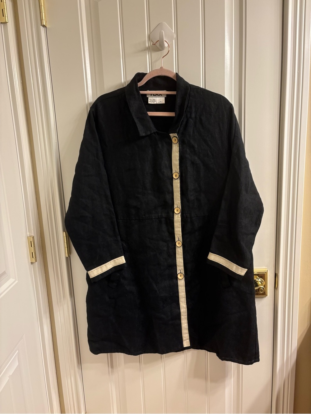 Flax Black Linen Button Front Tunic Jacket sz M Ivory Trim Pockets Langenlook